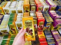 Tyumen, Russia-June 14, 2023: Alpen gold chocolate on the shelves of a hypermarket. Selective focus