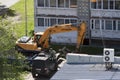 Tyumen, Russia, June 5, 2020: Excavator HYUNDAI in the residential area of the city