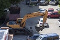 Tyumen, Russia, June 5, 2020: Excavator HYUNDAI in the residential area of the city