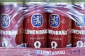 Tyumen, Russia-June 30, 2022: A new bottle of lowenbrau beer. Strong beer selective focus