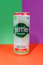 Tyumen, Russia-June 30, 2022: Mineral water Perrier energize caffeine yerba mate. Vertical photo