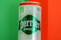 Tyumen, Russia-June 30, 2022: Perrier is a French brand of premium mineral water, energize caffeine yerba mate. French