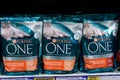 Tyumen, Russia-June 30, 2022: Purina one, cat food in a supermarket. Selective focus