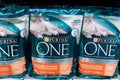 Tyumen, Russia-June 30, 2022: Purina One cat food on display at the local grocery store. Selective focus