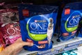 Tyumen, Russia-June 30, 2022: Purina One cat food on display at the local grocery store. Selective focus