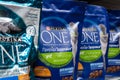 Tyumen, Russia-June 30, 2022: Purina one, cat food in a supermarket, spirulina. Selective focus