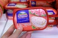 Tyumen, Russia-March 17, 2023: Hohland, processed cheese with ham. Produced by Hochland, founded in Germany in 1927