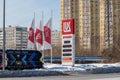Tyumen, Russia-March 10, 2022: Lukoil petrol station. Winter time. Corporation in Russian Federation