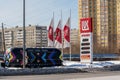 Tyumen, Russia-March 10, 2022: Lukoil petrol station. Winter time. Corporation in Russian Federation