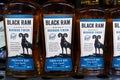 Tyumen, Russia-March 17, 2023: Whiskey brand Black Ram at supermarket shelf.
