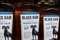 Tyumen, Russia-March 17, 2023: Whiskey brand Black Ram at supermarket shelf. Strong alcoholic beverages. Selective focus