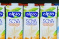 Tyumen, Russia-may 17, 2020: alpro soy milk supermarket shelf Royalty Free Stock Photo