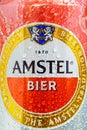 Tyumen, Russia-May 25, 2021: Amstel beer can logo close up. Vertical photo Royalty Free Stock Photo