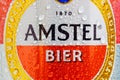 Tyumen, Russia-May 25, 2021: Amstel beer can logo. Macro Royalty Free Stock Photo