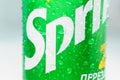 Tyumen, Russia-may 20, 2020: Can of Sprite logo close-up with water drops. fresh tasting, sparkling lemon and lime flavour drink