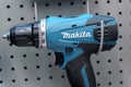 Tyumen, Russia-May 05, 2023: Makita logo electric drill. Professional electric tools. Selective focus