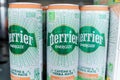 Tyumen, Russia-May 11, 2022: Perrier mineral water bottles on display at a local grocery store, energize caffeine yerba