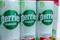 Tyumen, Russia-May 11, 2022: Perrier mineral water bottles on display at a local grocery store, energize caffeine yerba