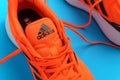 Tyumen, Russia-November 13, 2021: New Adidas orange color sneakers. The model is made of recycled materials