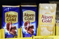 Tyumen, Russia-October 15, 2023: Alpen gold chocolate on the shelves of a hypermarket. Selective focus