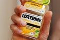 Tyumen, Russia-October 11, 2023: Listerine brand logo. Listerine mouthwash container.