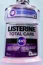Tyumen, Russia-October 15, 2021: Listerine Total Care 6 in 1 plastic bottles of oral protection liquid. Logo