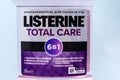 Tyumen, Russia-October 15, 2021: Listerine total care 6 in 1. Logo close-up. Listerine brand is a manufacturer of mouth