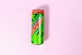 Tyumen, Russia-October 15, 2021: Mountain Dew carbonate soda soft drink can. Copy space Royalty Free Stock Photo