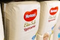 Tyumen, Russia-October 11, 2020: Packets of Huggies baby wipes displayed on the shelves in a supermarket metro cash and carry