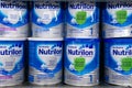 Tyumen, Russia-October 11, 2020: Shelves of baby food nutrilon nutricia in the metro hypermarket. selective focus Royalty Free Stock Photo