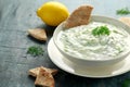 Tzatziki dip sauce with greek yogurt, garlic, dill and cucumber in white bowl Royalty Free Stock Photo