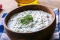 Tzatziki. Greek salad tzatziki of cucumber, yogurt or cream, olive oil, garlic, dill and spices.