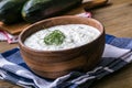 Tzatziki. Greek salad tzatziki of cucumber, yogurt or cream, olive oil, garlic, dill and spices.