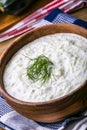 Tzatziki. Greek salad tzatziki of cucumber, yogurt or cream, olive oil, garlic, dill and spices.