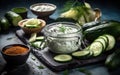 Tzatziki sauce ingredients cucumber garlic Healthy food backgrou