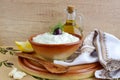 Tzatziki - yoghurt sauce with cucumber, dill, olive oil, lemon and garlic in a traditional bowl,traditional greek