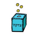 Tzedakah. Blue box for . Falling coins. Doodle hand draw, sketch. Black silhouette. Hebrew letters. Hanukkah. Vector Royalty Free Stock Photo