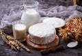 Tzfat cheese, milk and wheat grains. Symbols of judaic holiday S