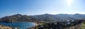 Tzia, Kea island, Greece. Aerial and panoramic view of Otzias bay. Village built from the mountains to the beach. Houses next to