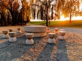 Table of Silence sunset view. Constantin Brancusi masterpiece