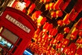 TÃÂ©lÃÂ©phone booth Red lantern in Chinatown London chinese new year Royalty Free Stock Photo