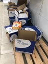 Empty toilet paper euro pallets after panic buying during corona crisis in german supermarket