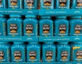 Close up of isolated Heinz baked beans packs stacked in a shelf Royalty Free Stock Photo