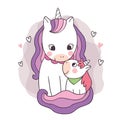 Cartoon cute adorable mother and baby unicorn kissing vector.