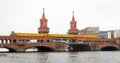 U-Bahn train passing over Oberbaum Bridge in Berlin, Germany