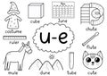 U-e digraph spelling rule black and white educational poster for kids with words