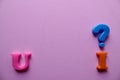 `u ? i` what do you think about me, word Close-up shot selective focus colorful, magnetic letters with romantic question for Royalty Free Stock Photo