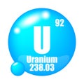 U icon. Uranium element. Atomic number 92. Mass 238.03. Blue sphere image. Vector symbol.