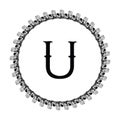 U letter in circle frame in floral ornament style on black color and white background