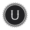 U letter in circle frame in floral ornament style on black color and white background